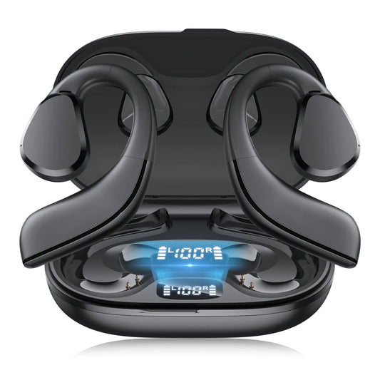 TTQ Open Ear Headphones Open Ear True Wireless Earbuds Bluetooth 5.3 Wireless Sports Earbuds with Earhooks 60H Playtime Charging Case & LED Display Waterproof Earbuds for Running Workout