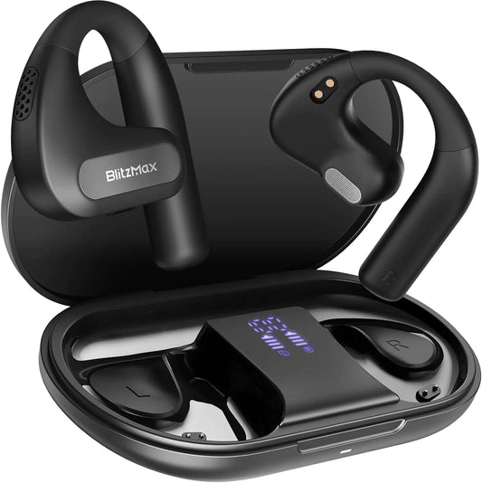 BlitzMax Open Ear Headphones True Wireless Bluetooth 5.3 Open Ear Earbuds Enhanced Bass 16.2mm Drivers Long-Lasting Comfort 60H Playtime LED Display IPX5 Waterproof for Sports Driving